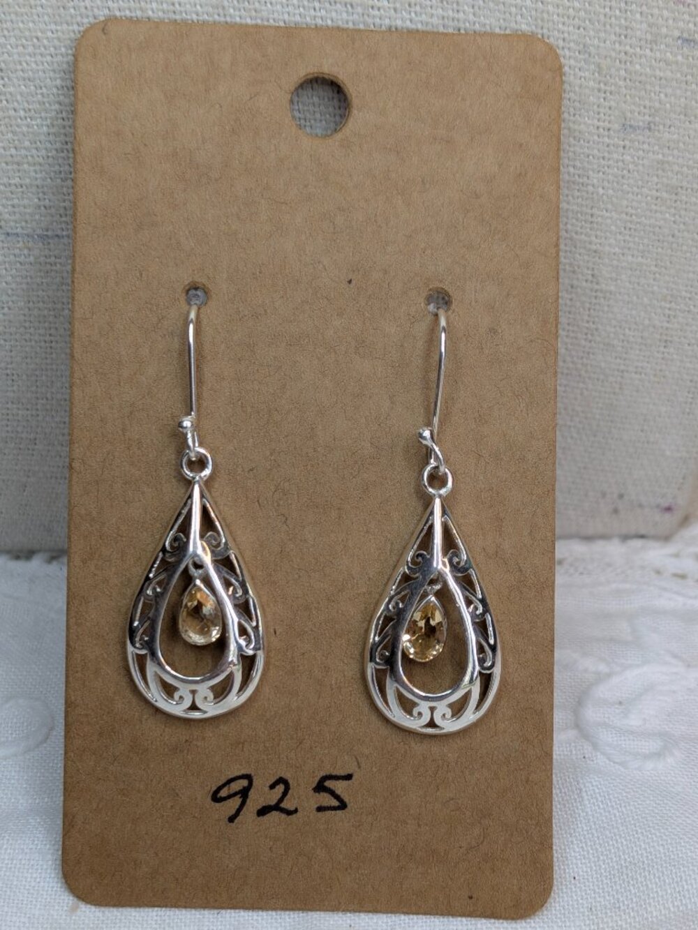 Vintage Sterling Silver Filigree Teardrop Earrings with Citrine Stones